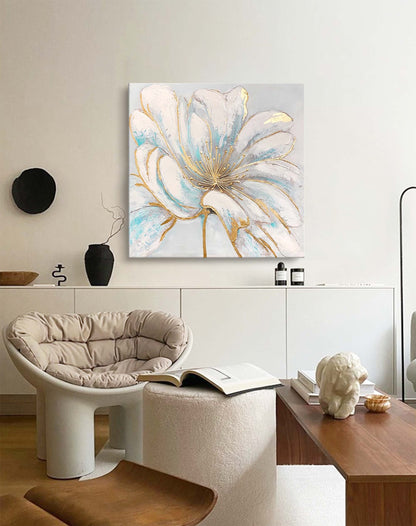Elegant White Flower Oil Painting with Gold Accents for Home Decor