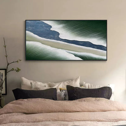 Abstract Wave Textured Oil Painting in Green and Blue Tones for Modern Decor