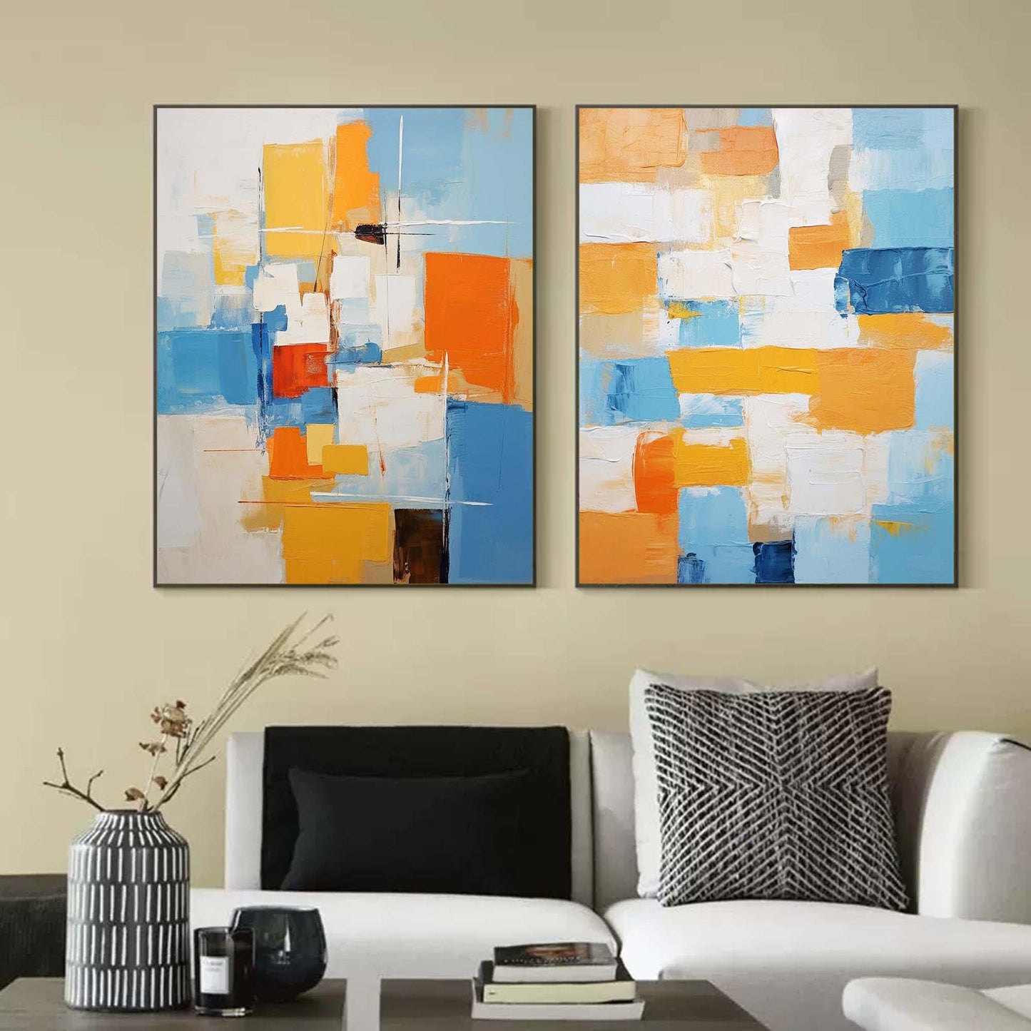 Vibrant Abstract Oil Painting with Blue and Orange Geometric Shapes for Modern Decor