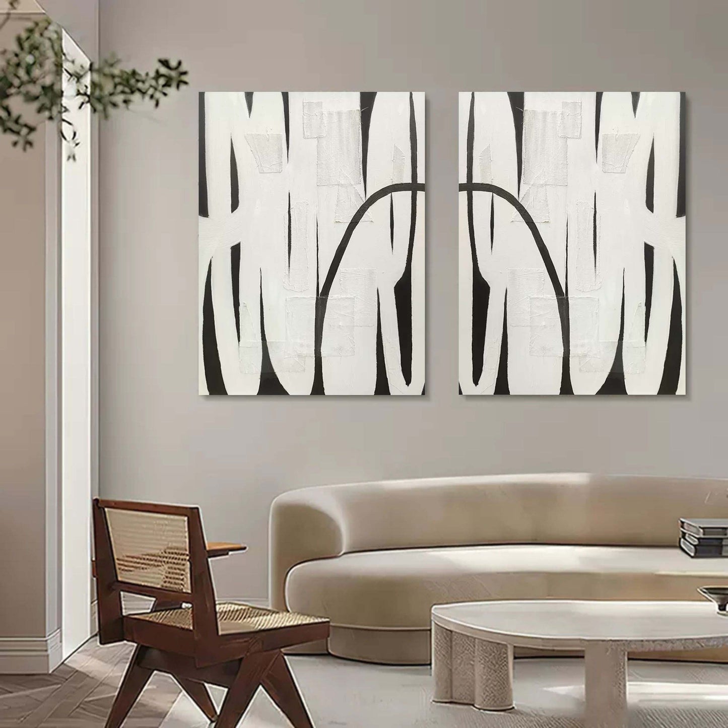 Monochrome Abstract Oil Painting Duo for Modern Home D√©cor