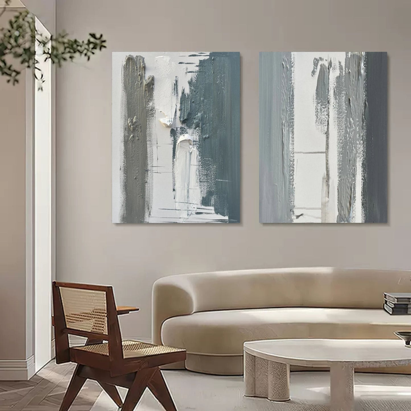 Contemporary Abstract Oil Paintings Pair for Modern Home Decor