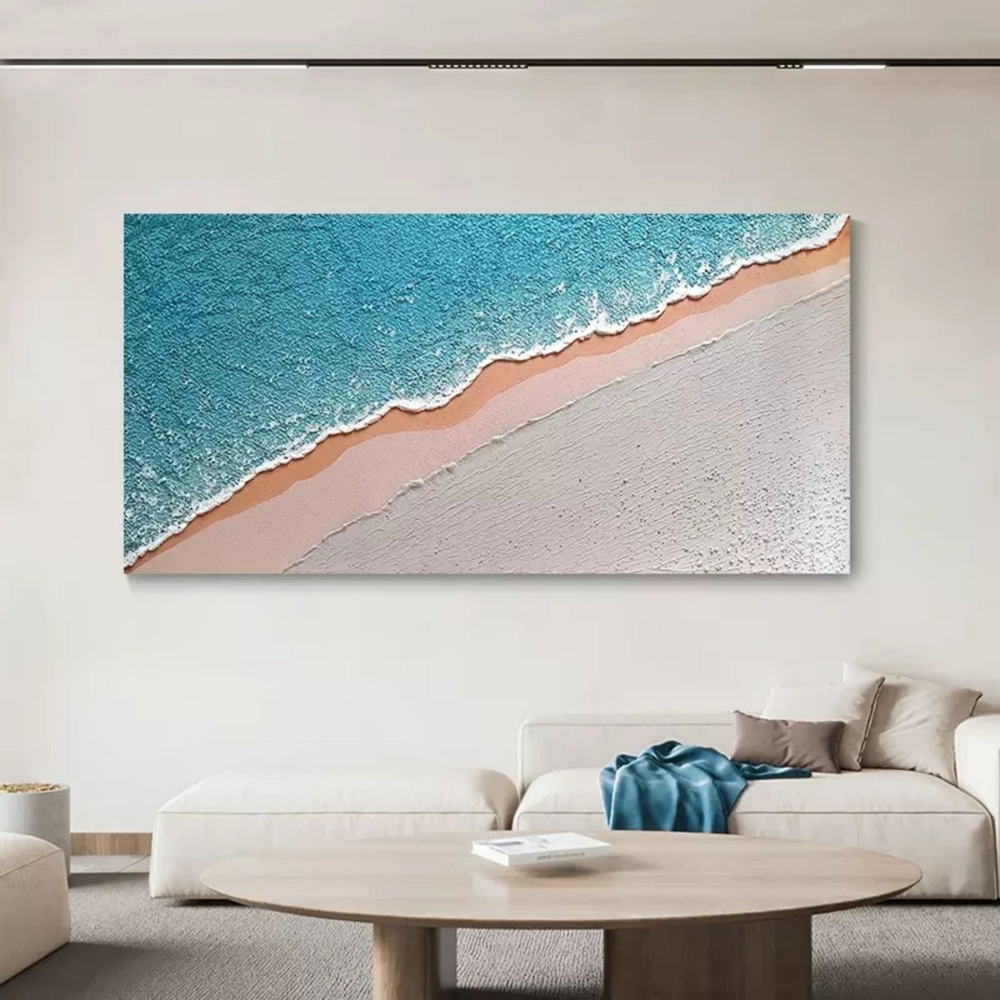 Textured Ocean Shoreline Abstract Oil Painting for Coastal Home Decor