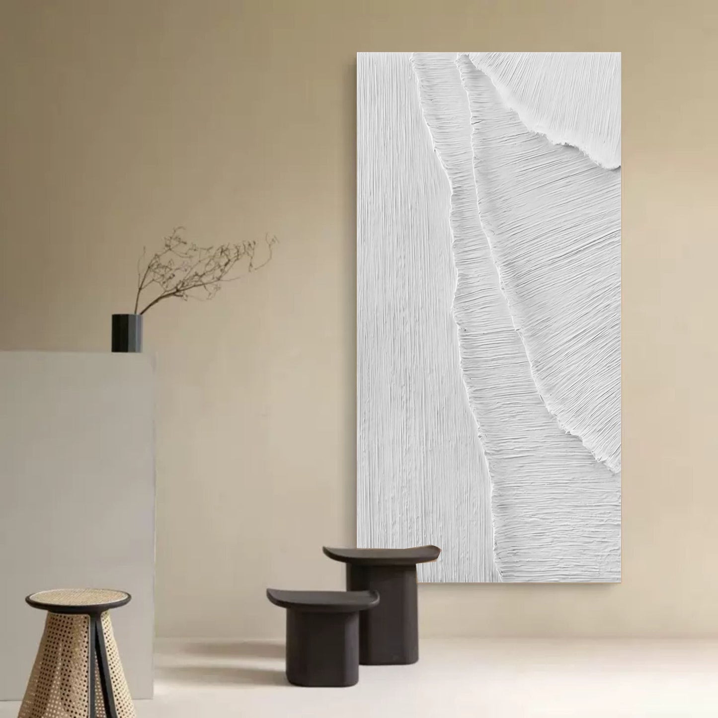 Textured White Abstract Oil Painting for Modern Minimalist Home Decor