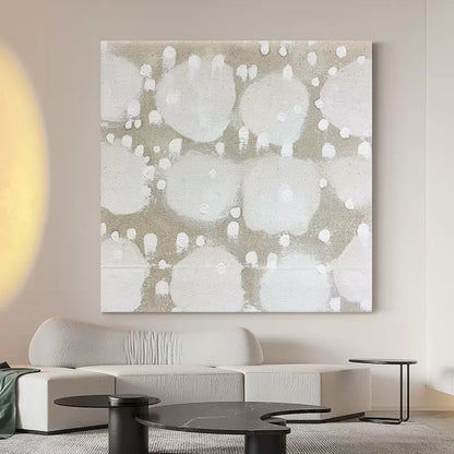 Elegant Minimalist Abstract Oil Painting with Soft White and Gray Dots