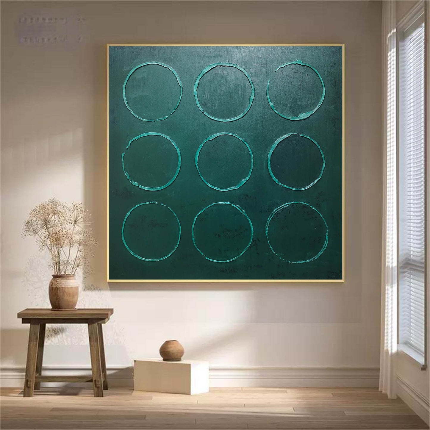 Modern Wabi-Sabi Inspired Green Circle Oil Painting for Unique Home Decor