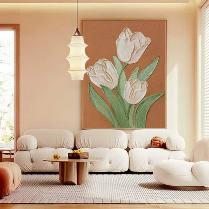Elegant Cream Tulips Oil Painting on Brown Canvas | Floral Wall Art Decor