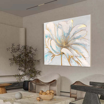 Elegant White Flower Oil Painting with Gold Accents for Home Decor