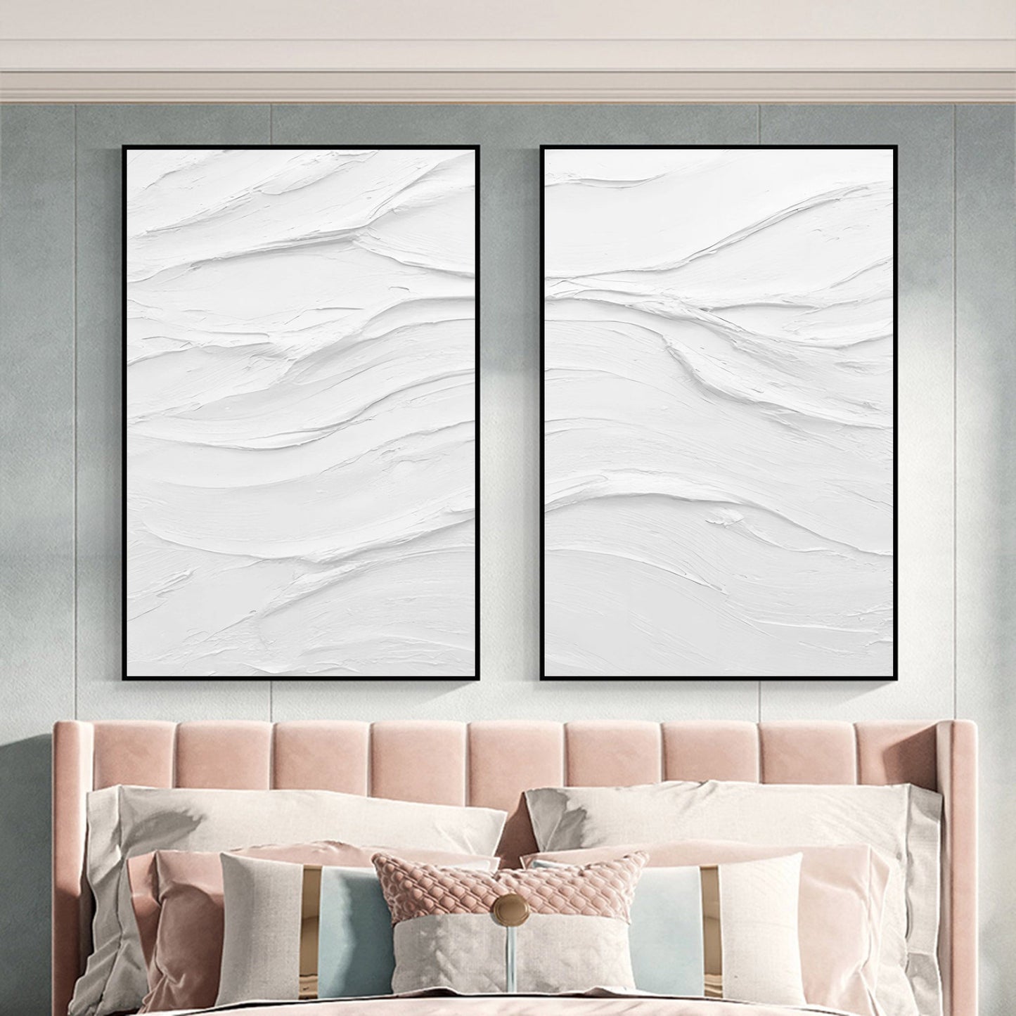 Textured White Abstract Oil Painting Duo for Modern Home Decor