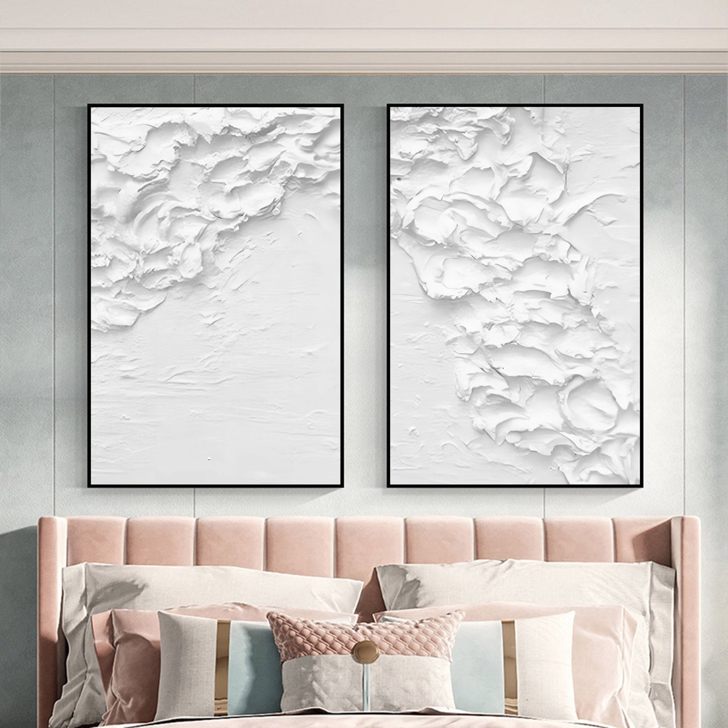 Modern Textured White Abstract Oil Painting Pair for Contemporary Decor