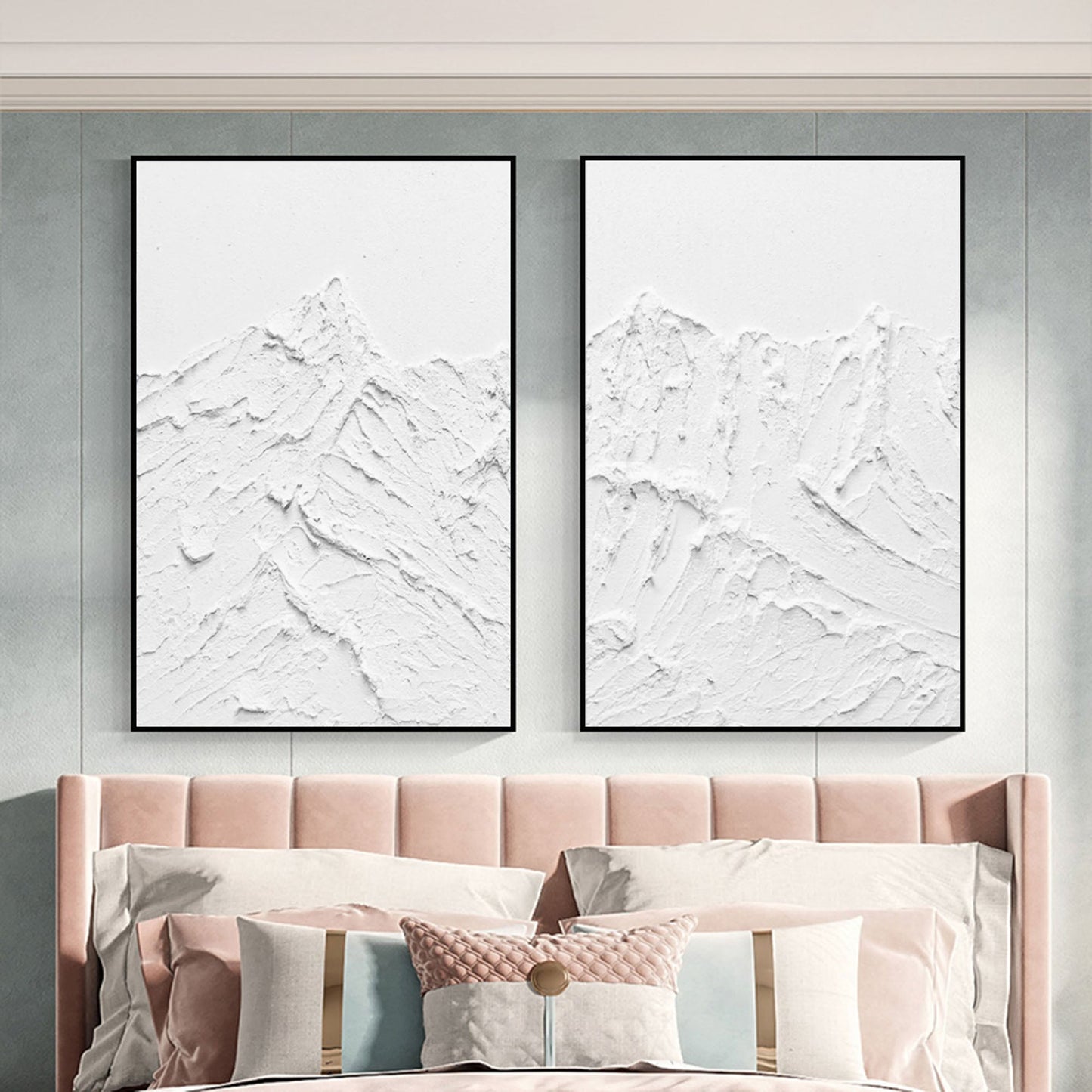 Textured White Abstract Mountain Art - Set of Two Oil Paintings for Contemporary Decor