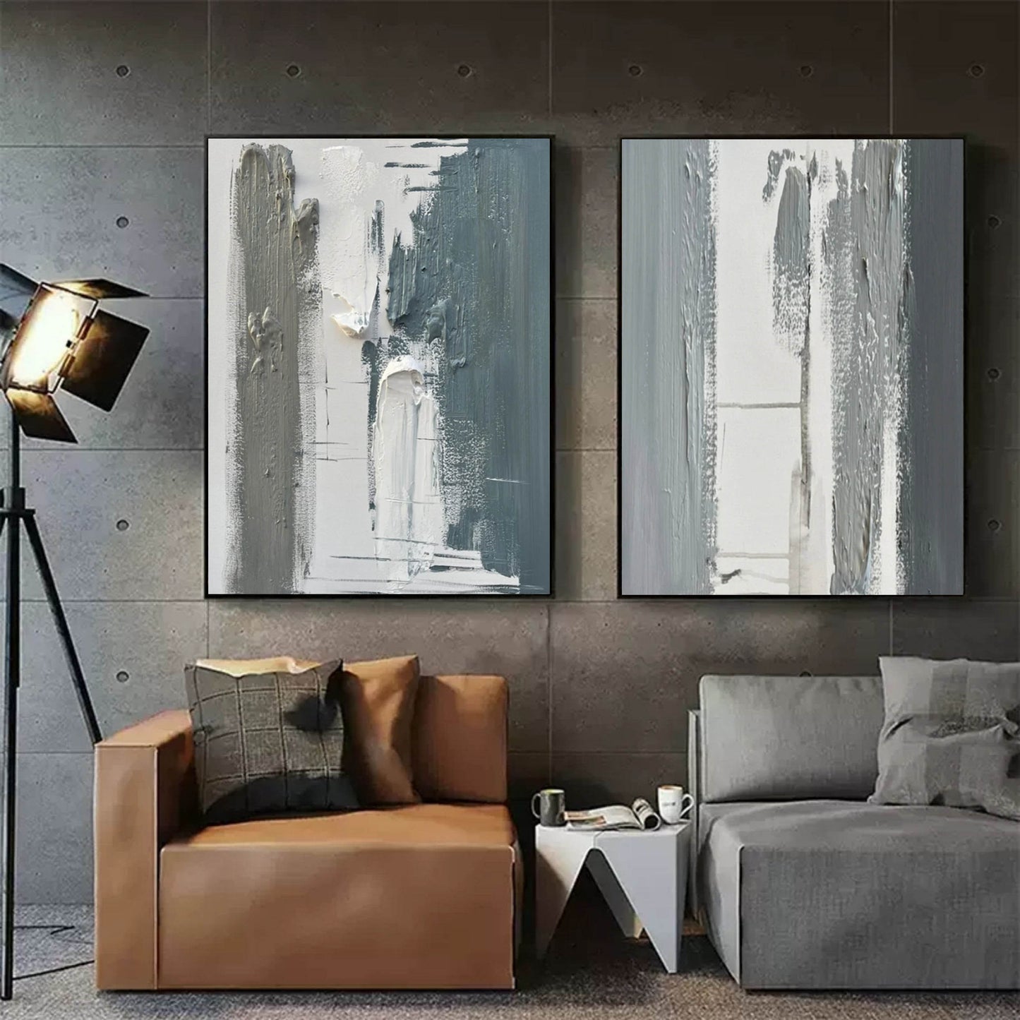 Contemporary Abstract Oil Paintings Pair for Modern Home Decor