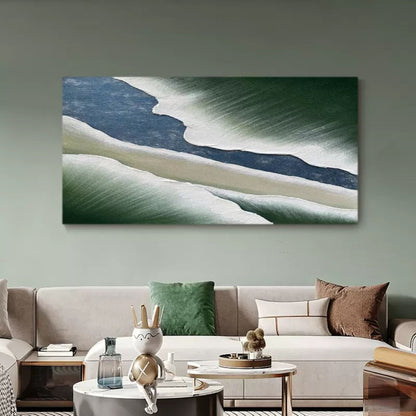 Abstract Wave Textured Oil Painting in Green and Blue Tones for Modern Decor