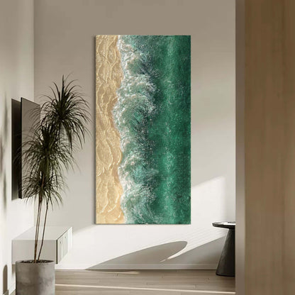 Tranquil Ocean Waves and Sandy Shoreline Oil Painting for Coastal Décor