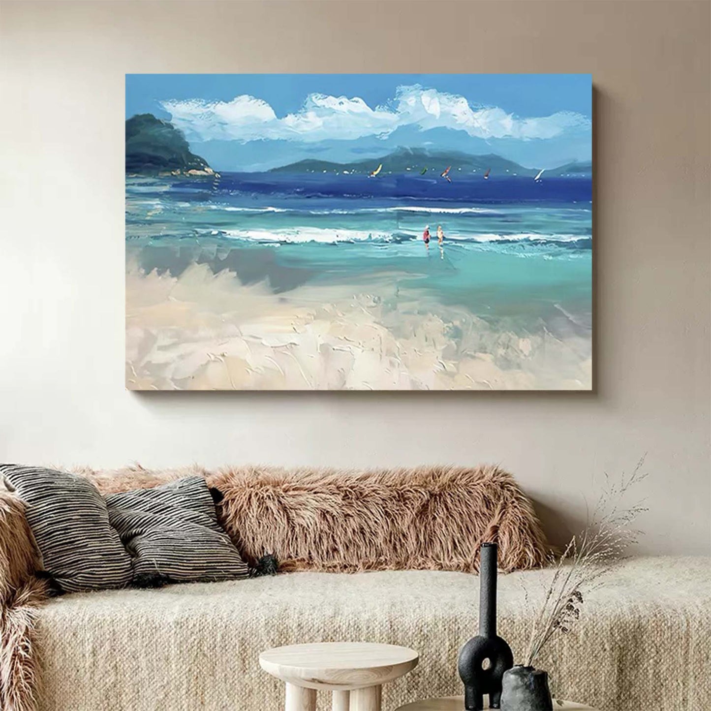 Vibrant Beach Scene Oil Painting with Ocean Waves and Sailboats