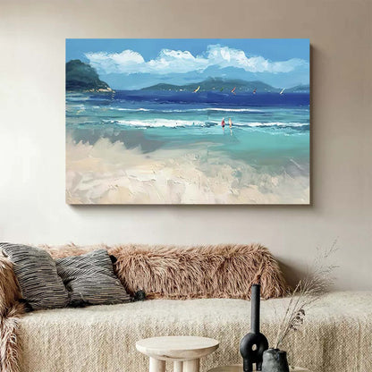 Vibrant Beach Scene Oil Painting with Ocean Waves and Sailboats