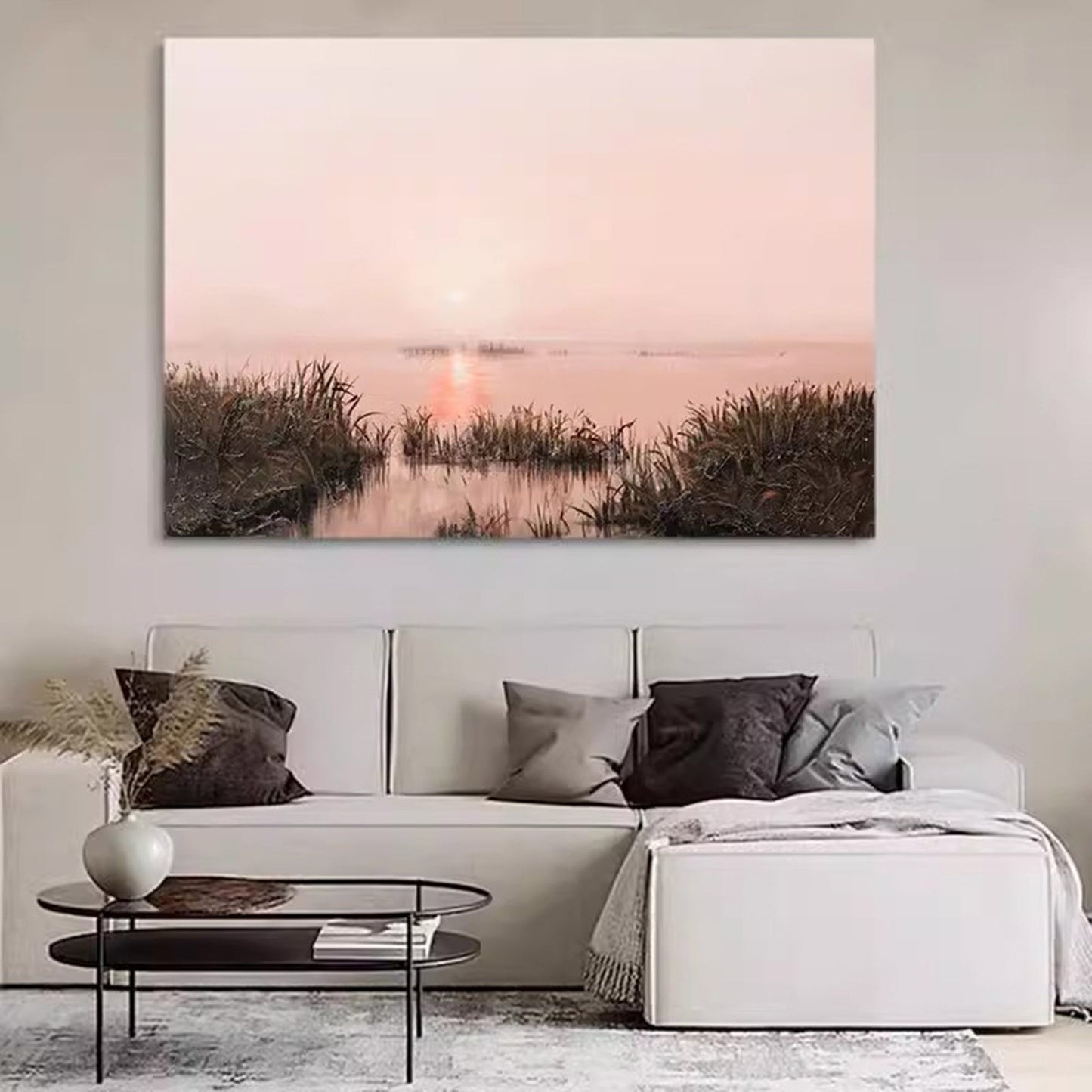 Serene Misty Landscape Oil Painting with Reflective Water at Sunset
