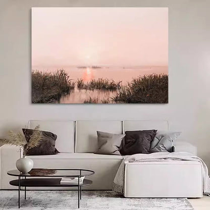 Serene Misty Landscape Oil Painting with Reflective Water at Sunset