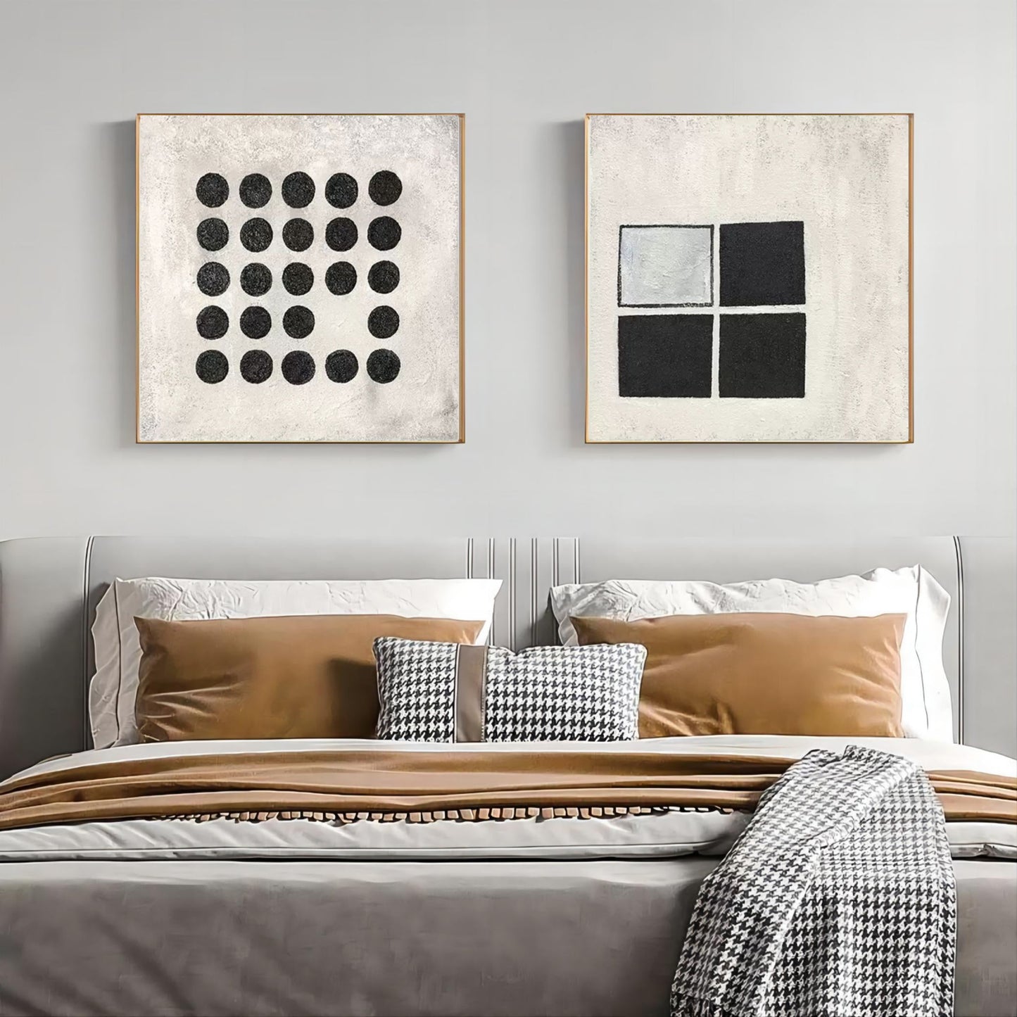 Modern Abstract Duo - Black and White Geometric Oil Paintings for Contemporary Decor