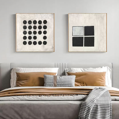 Modern Abstract Duo - Black and White Geometric Oil Paintings for Contemporary Decor