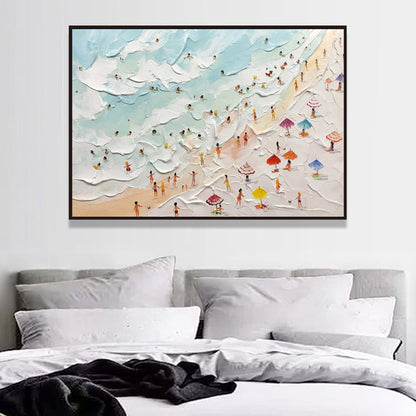 Colorful Beach Scene Oil Painting with Textured Waves and Vibrant Umbrellas