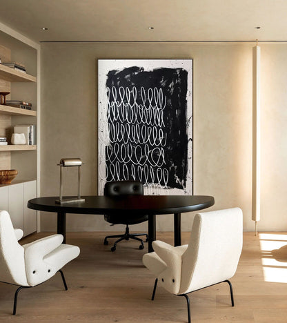 Contemporary Minimalist Black and White Line Art Oil Painting for Modern Decor