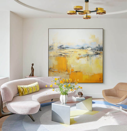 Vibrant Abstract Oil Painting with Warm Yellow and Soft Blue Tones for Modern Decor