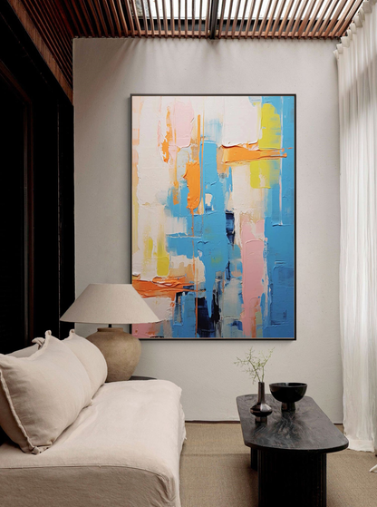 Vibrant Abstract Oil Painting in Blue, Pink, and Orange for Modern Home Decor