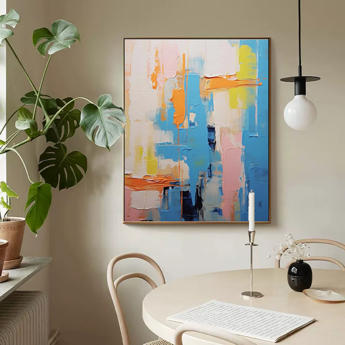 Vibrant Abstract Oil Painting in Blue, Pink, and Orange for Modern Home Decor