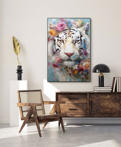 Majestic White Tiger Oil Painting with Floral Accents - Stunning Canvas Artwork for Home Decor