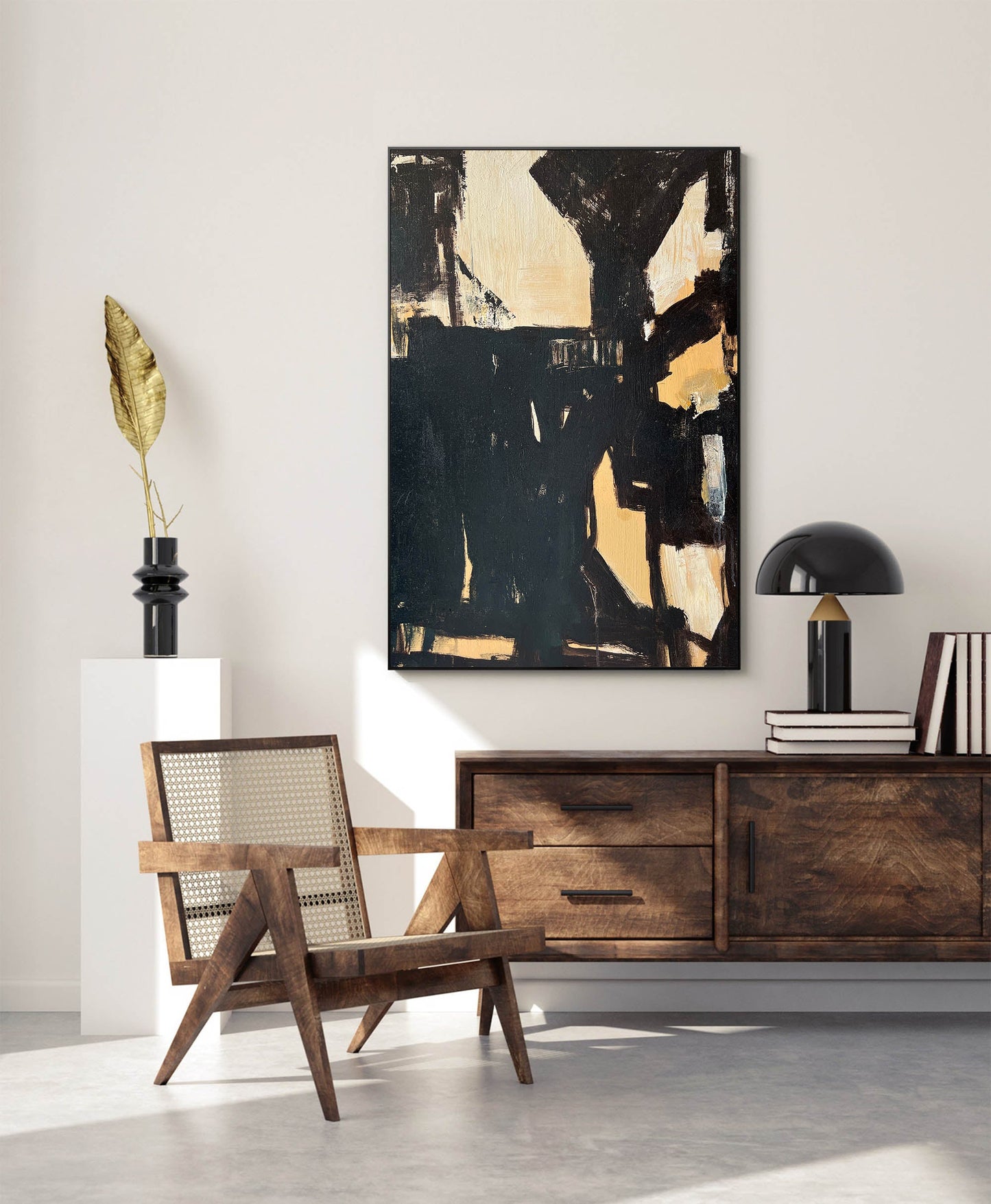 Modern Minimalist Black and Beige Abstract Oil Painting for Contemporary Decor