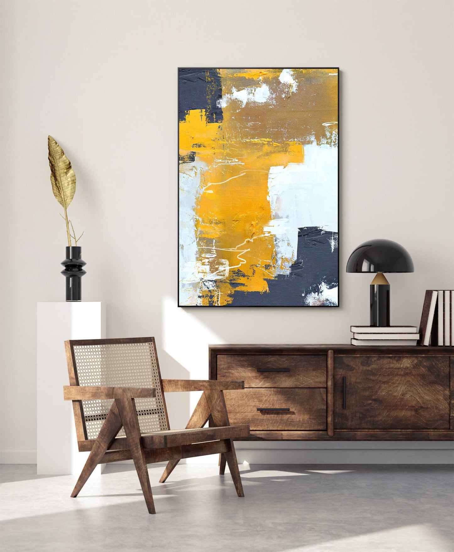 Vibrant Gold and Gray Abstract Oil Painting for Modern Home Decor