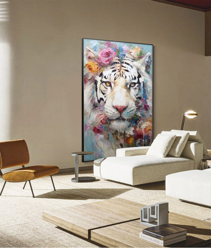 Majestic White Tiger Oil Painting with Floral Accents - Stunning Canvas Artwork for Home Decor