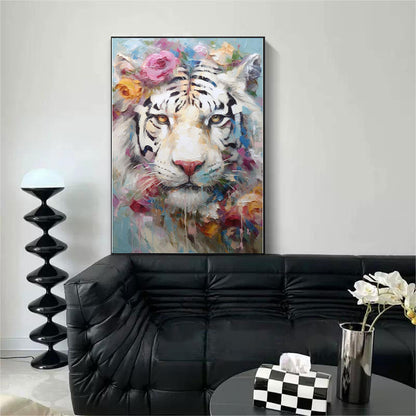 Majestic White Tiger Oil Painting with Floral Accents - Stunning Canvas Artwork for Home Decor