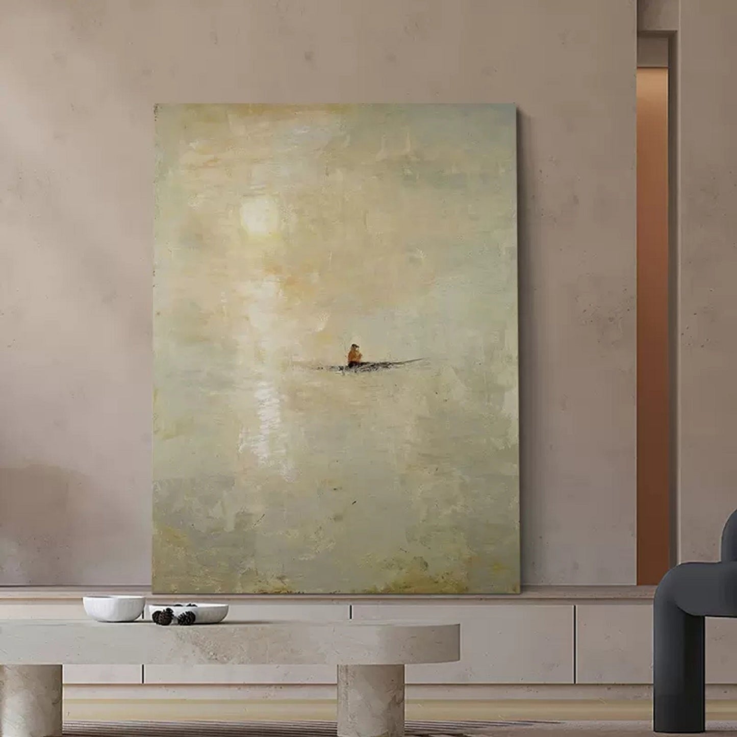 Serene Minimalist Landscape with a Rowboat – Tranquil Oil Painting for Home Décor