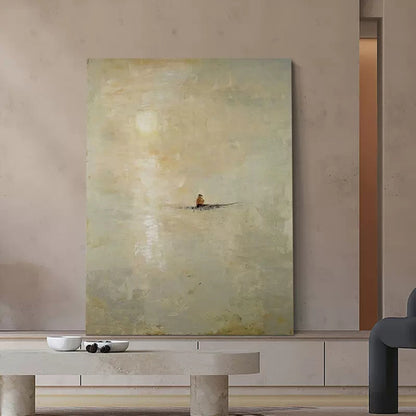 Serene Minimalist Landscape with a Rowboat – Tranquil Oil Painting for Home Décor