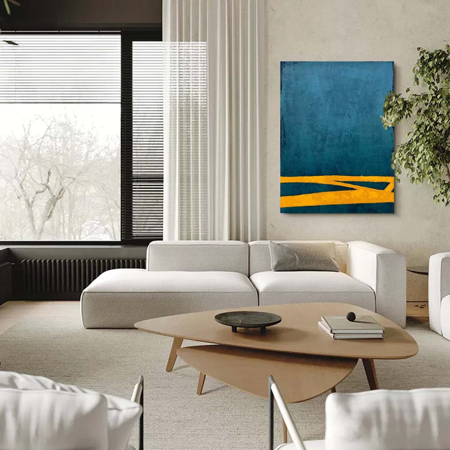 Modern Minimalist Oil Painting with Teal and Yellow Abstract Design