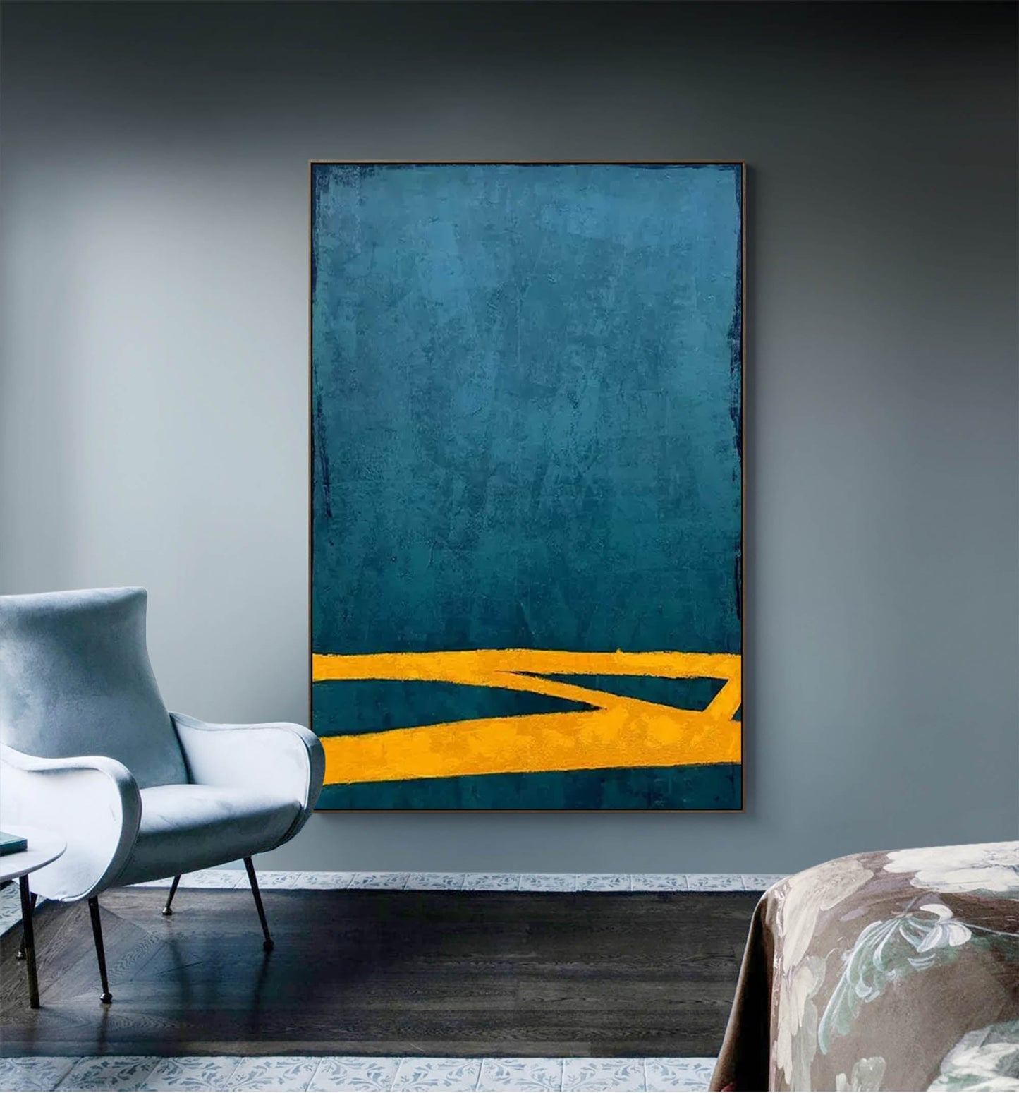 Modern Minimalist Oil Painting with Teal and Yellow Abstract Design