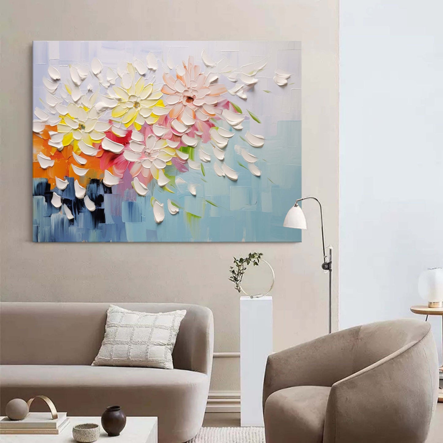 Vibrant Floral Oil Painting with Textured Petals and Colorful Background