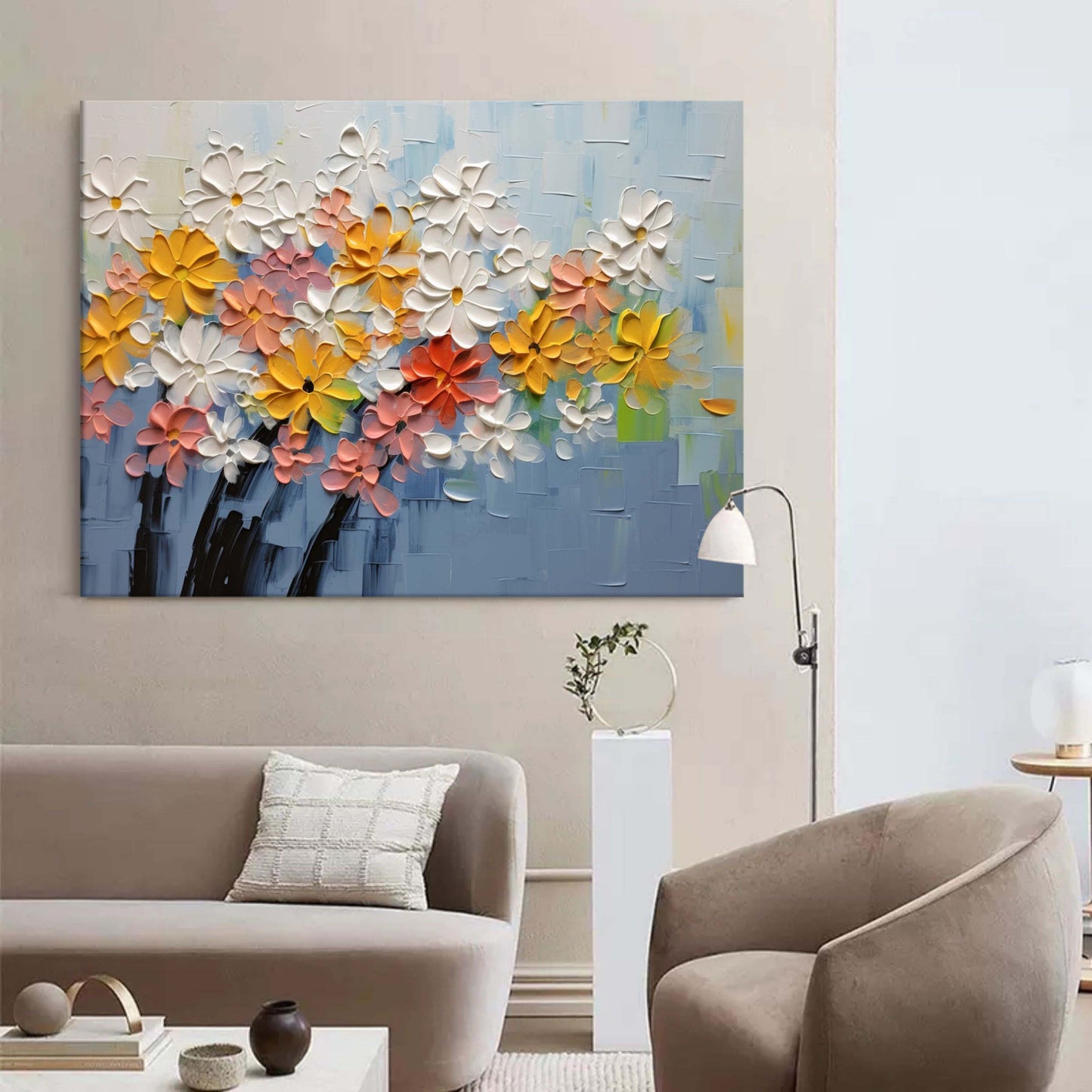 Vibrant Floral Oil Painting with Textured Blooms in Soft Pastels and Bright Hues