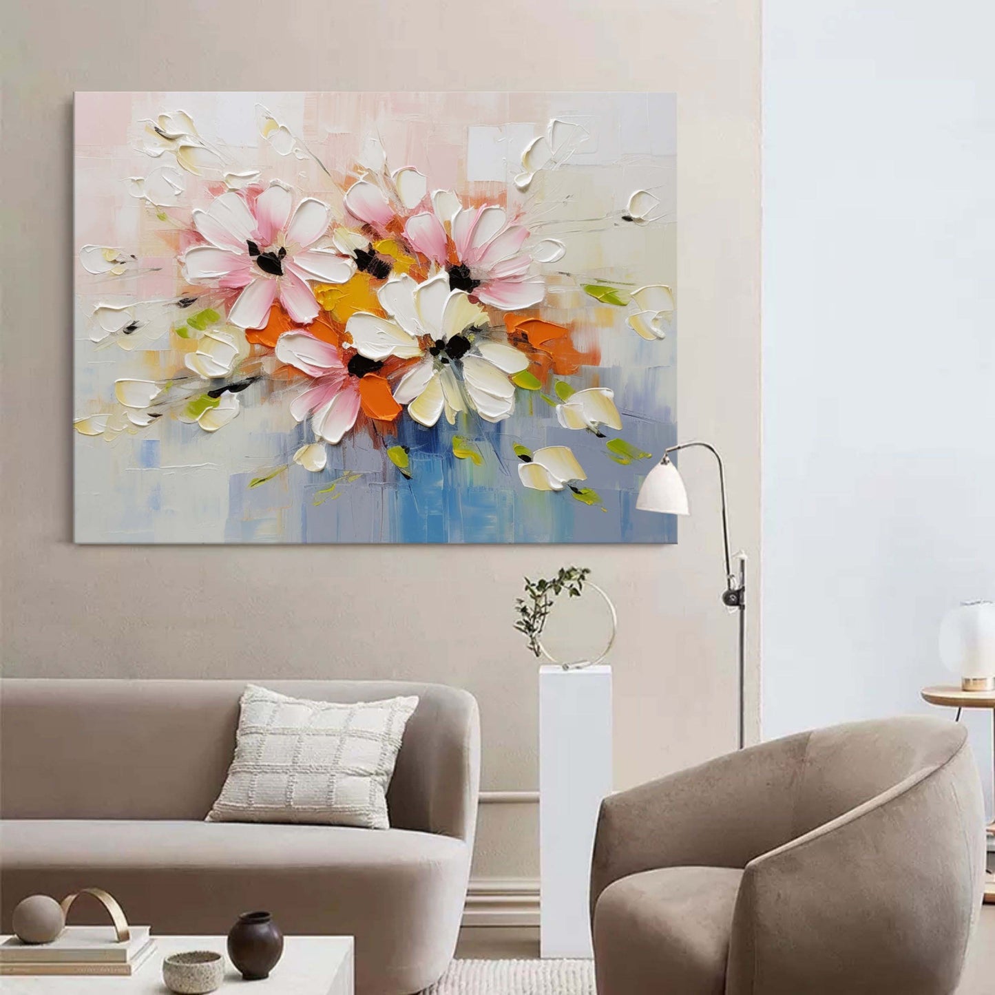 Vibrant Floral Oil Painting with Pink and White Flowers Perfect for Home Decor