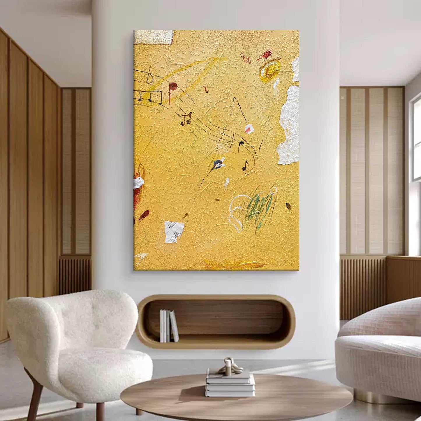 Abstract Yellow Music-Inspired Minimalist Oil Painting for Modern Decor