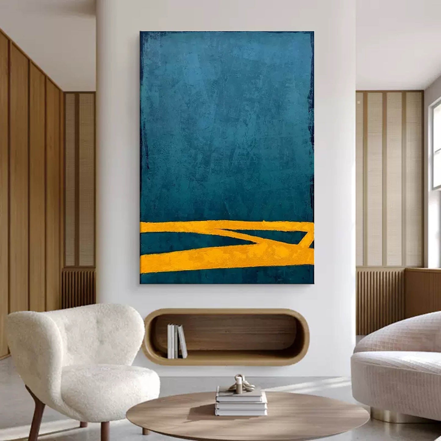 Modern Minimalist Oil Painting with Teal and Yellow Abstract Design