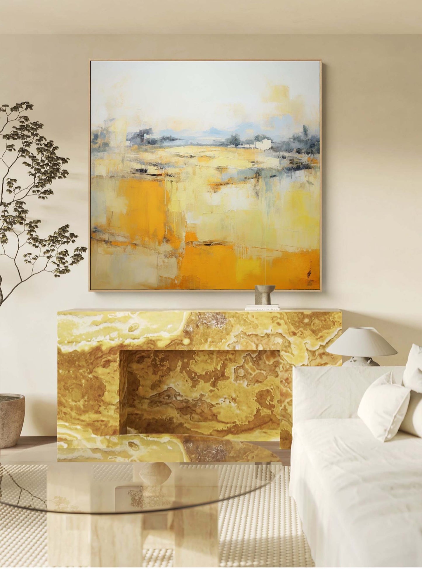 Vibrant Abstract Oil Painting with Warm Yellow and Soft Blue Tones for Modern Decor