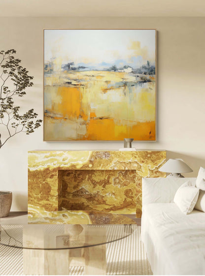 Vibrant Abstract Oil Painting with Warm Yellow and Soft Blue Tones for Modern Decor