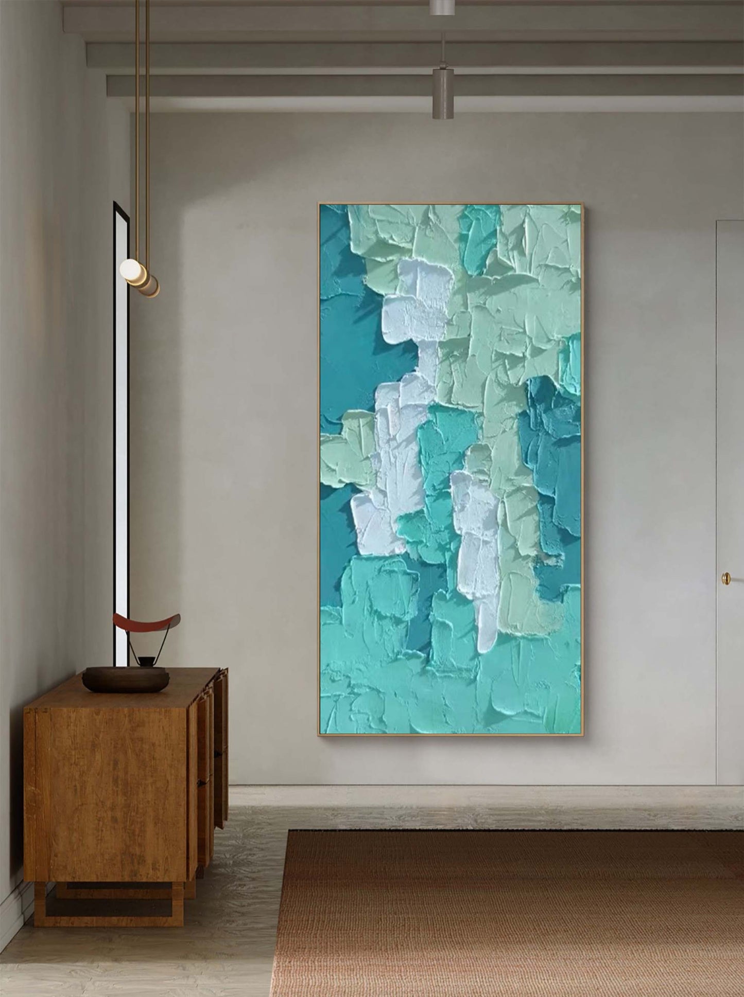 Vibrant Abstract Oil Painting in Teal and Green Textures for Modern Decor