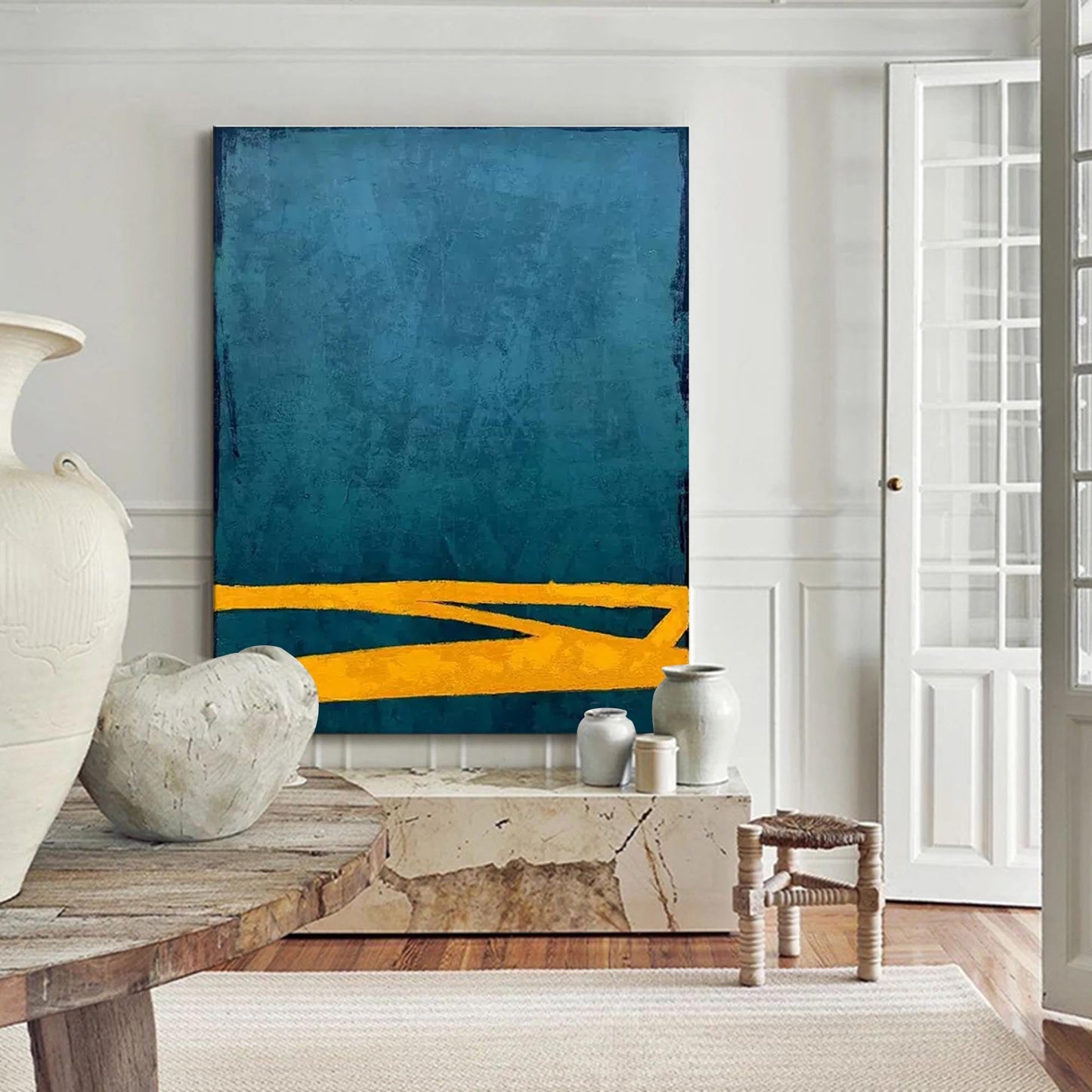 Modern Minimalist Oil Painting with Teal and Yellow Abstract Design