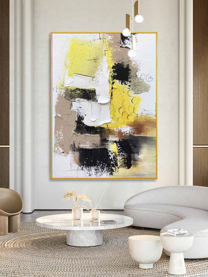 Vibrant Abstract Oil Painting with Yellow, Black and Earthy Tones for Modern Decor