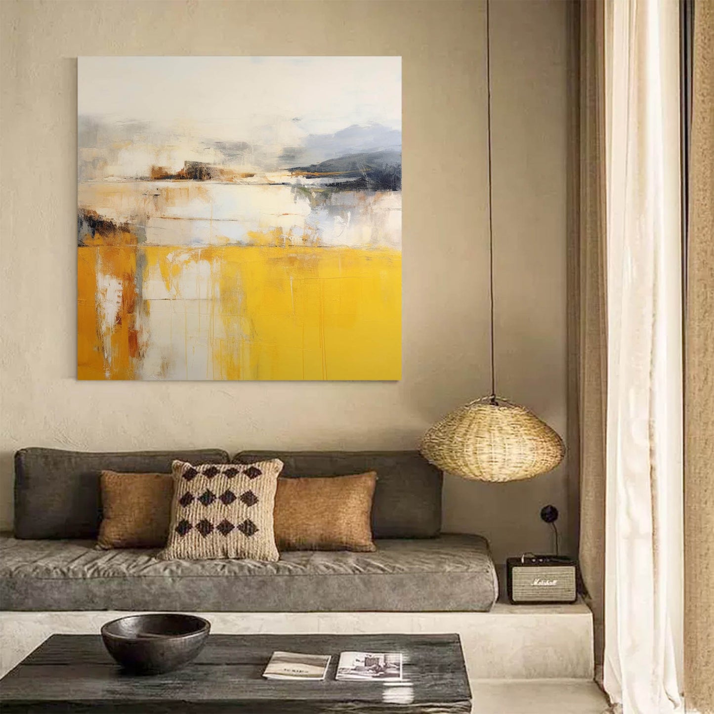 Stunning Abstract Oil Painting in Vibrant Yellow and Gray Tones for Modern Home Décor