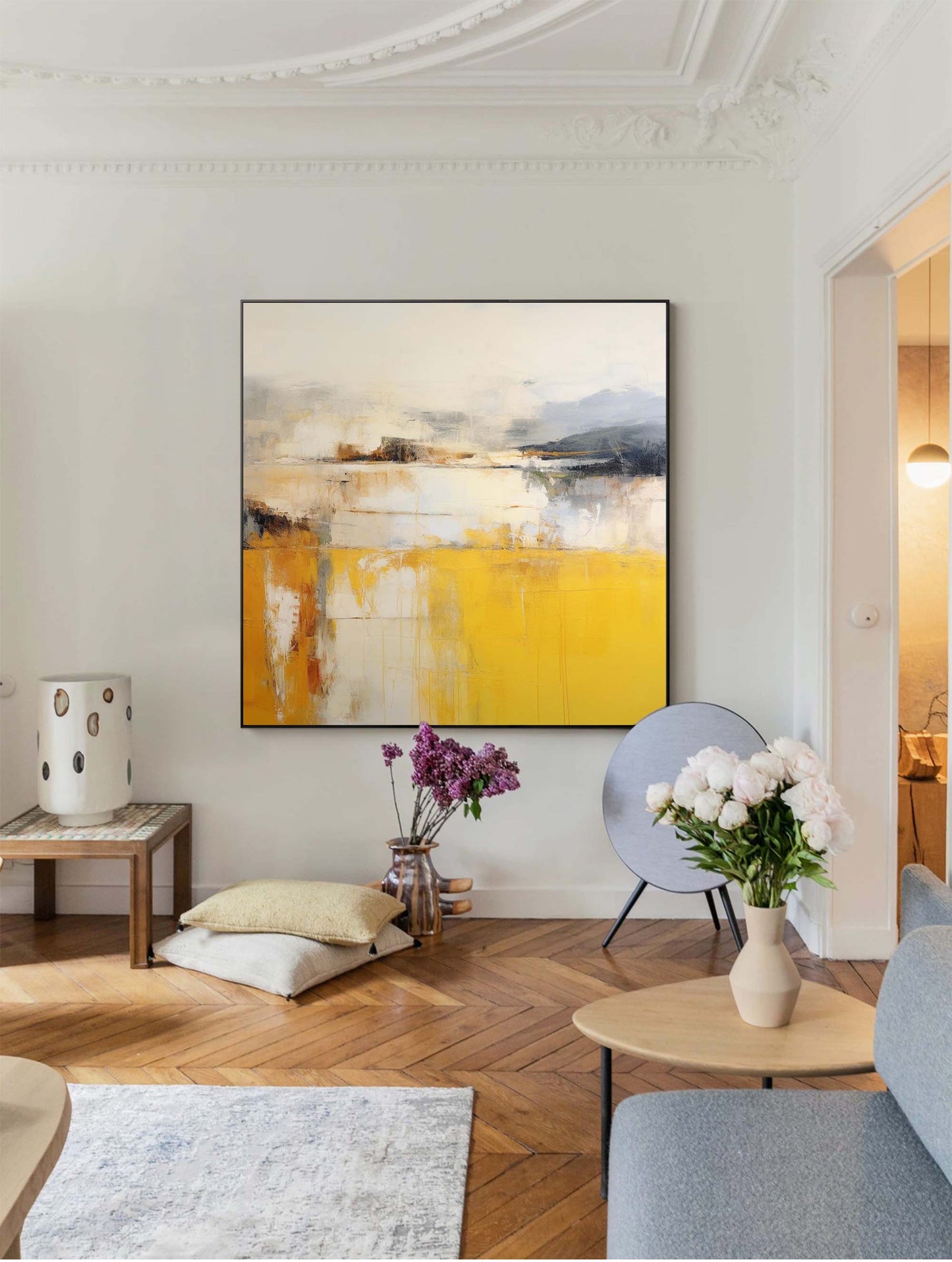 Stunning Abstract Oil Painting in Vibrant Yellow and Gray Tones for Modern Home Décor