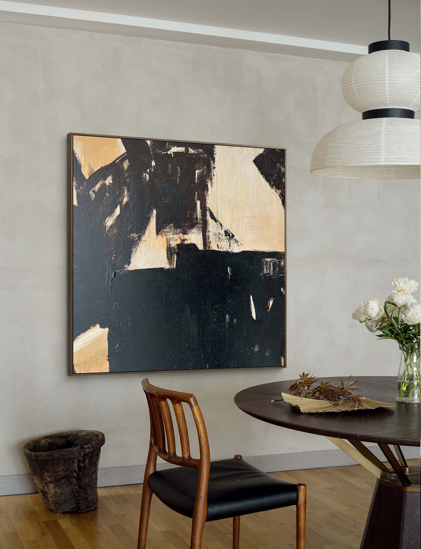 Contemporary Minimalist Black and Gold Abstract Oil Painting for Modern Decor